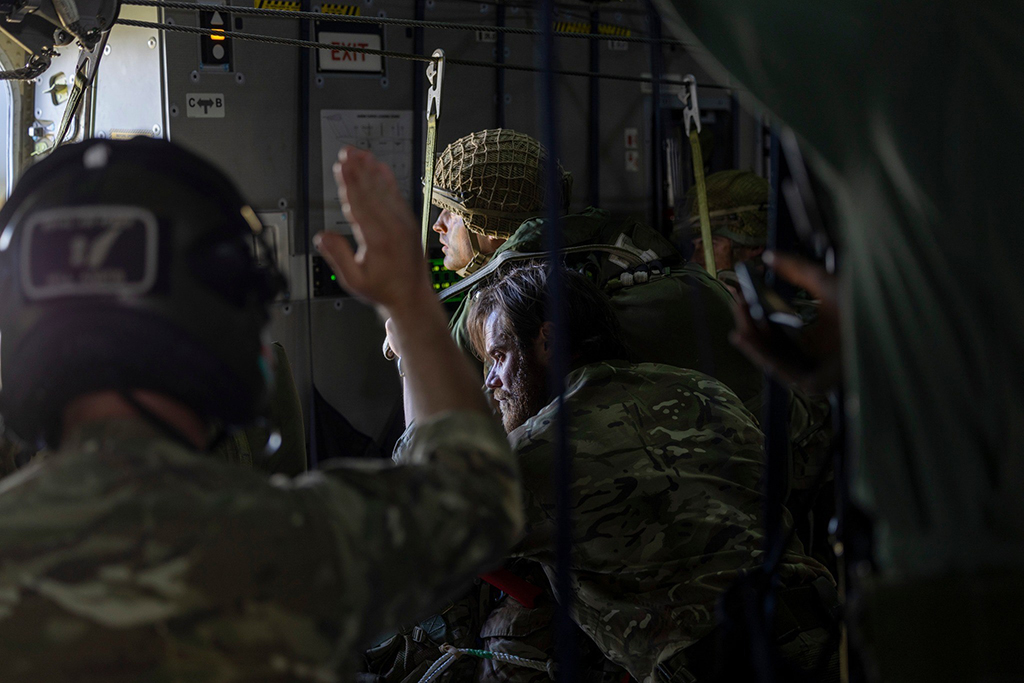 Paratroopers wait for the green light at the Atlas (A400M) para door, ready to jump